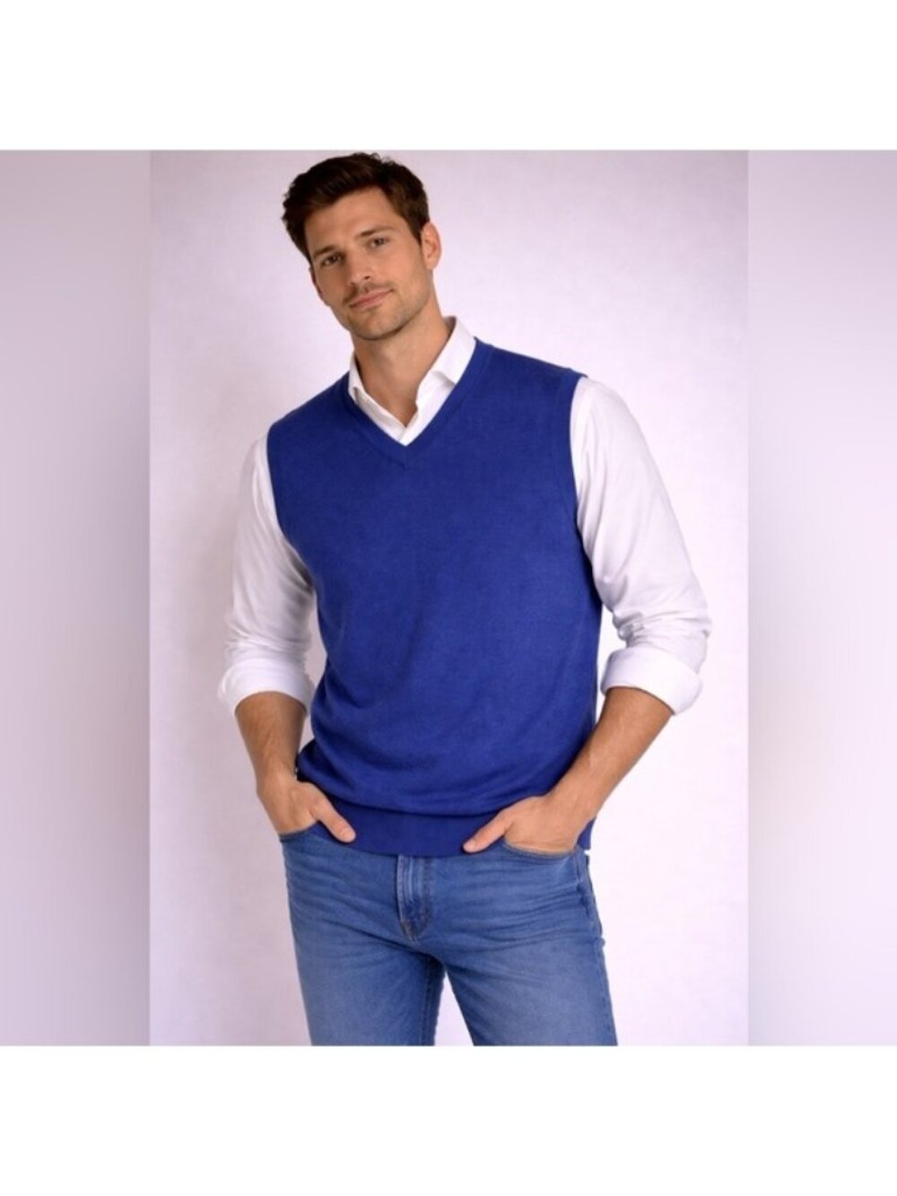 Piombo Blue V-Neck Knit Vest Size L Sleeveless Sweater